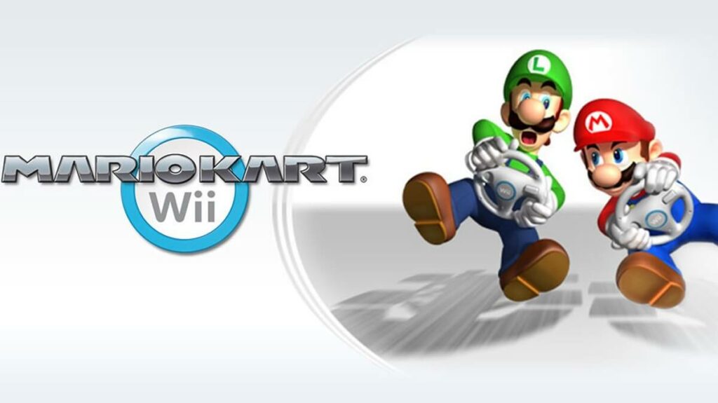 Capa do jogo Mario Kart Wii com um fundo branco e Mario e Luigi fingindo dirigir di