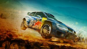 Melhores jogos de rally 2022 com um carro de rally azul passando por um monte de terra.