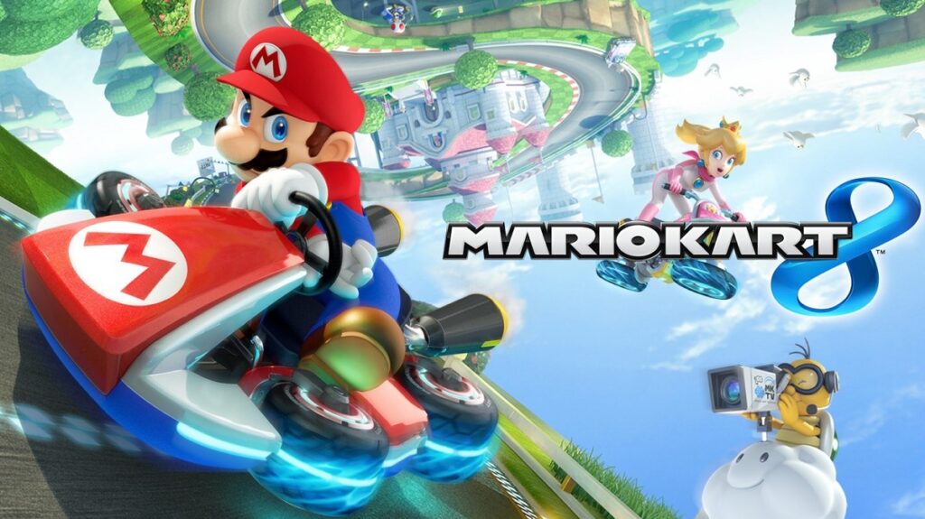 Capa do jogo Mario Kart8 com mario dirigindo uma kart 