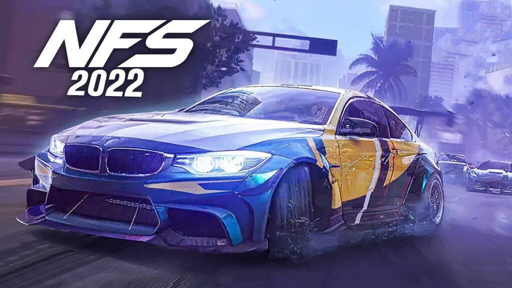 Imagem do game Need For Speed de 2022 com um carro azul e amarela fazendo drift