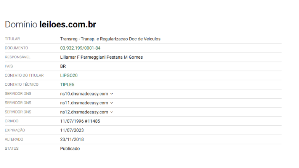 Captura de tela sobre o domínio do site Pestana Leilões