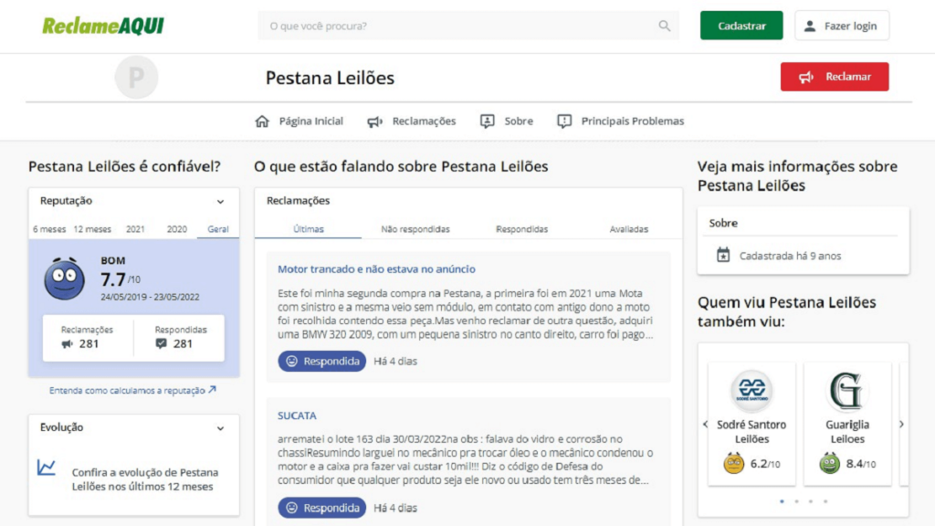 Captura de tela do site Reclame Aqui com as informações sobre a reputação do Pestana Leilões
